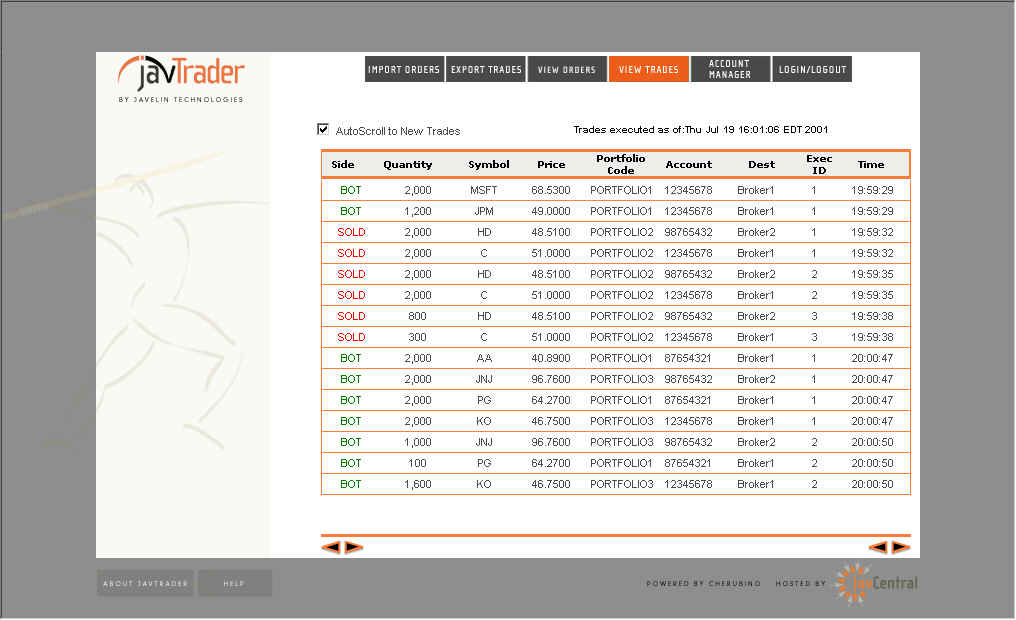 Options trade blotter